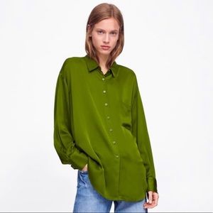 Zara Green Satin Button Down green color size XL